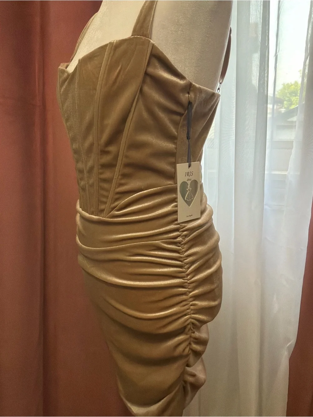 NWT Iris Champagne Velvet Ruched Mini Dress